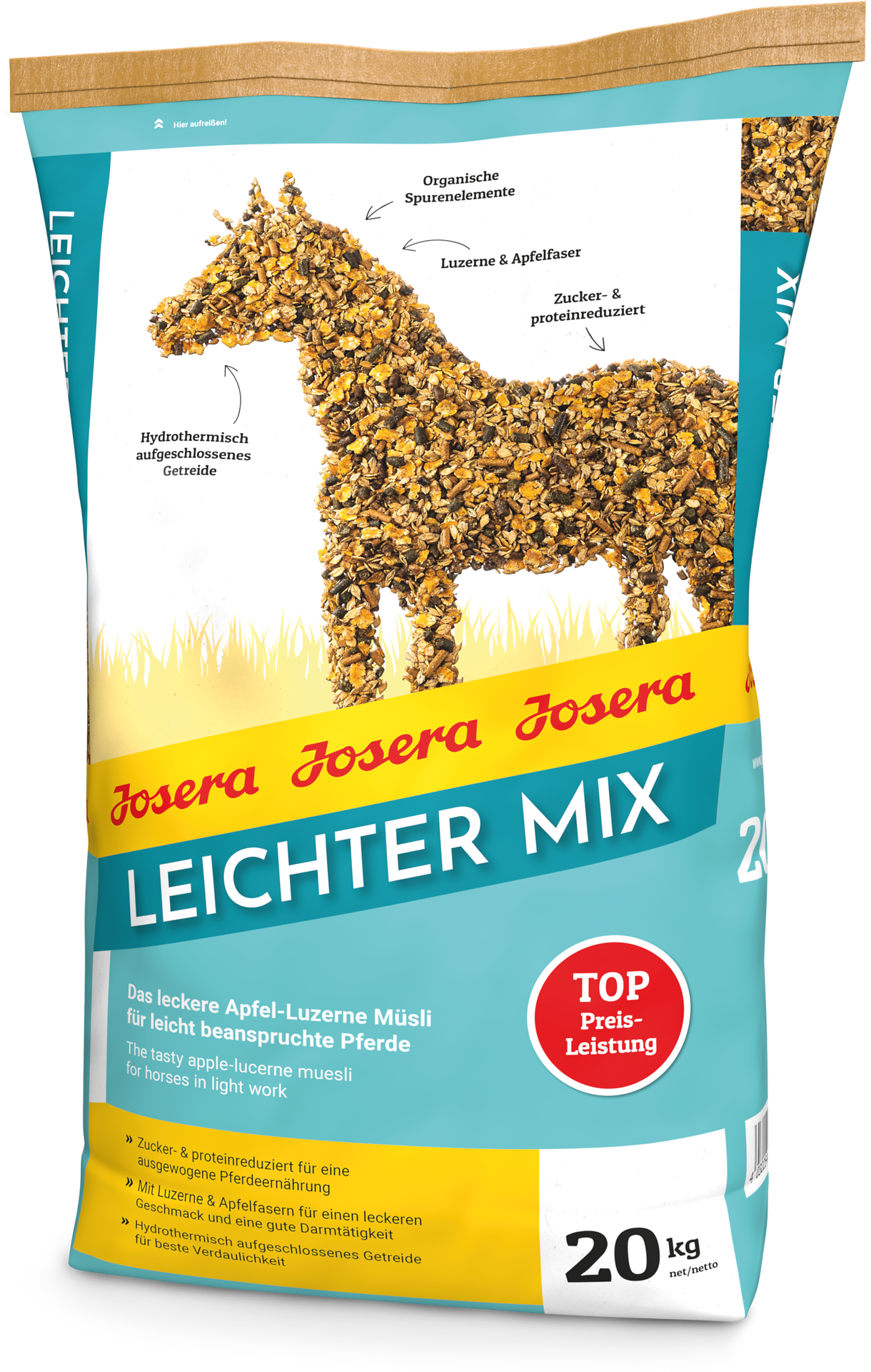 Josera Leichter Mix 15 kg – lekkie musli jabłkowe dla koni rekreacyjnych i niepracujących, na poprawę apetytu i trawienie