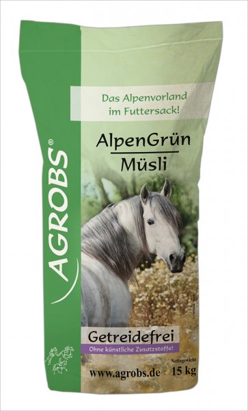 AGROBS AlpenGrün Müsli 15 kg – niskoskrobiowe musli owocowo-ziołowe dla koni, na trawienie i apetyt