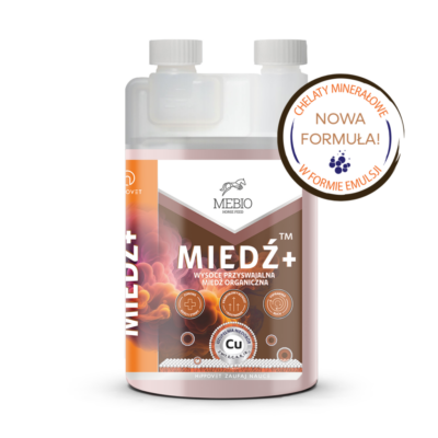 MEBIO Miedź+ 1 l – Organiczny chelat miedzi, płynny suplement dla koni na układ krwionośny, pigmentację sierści i mocne stawy