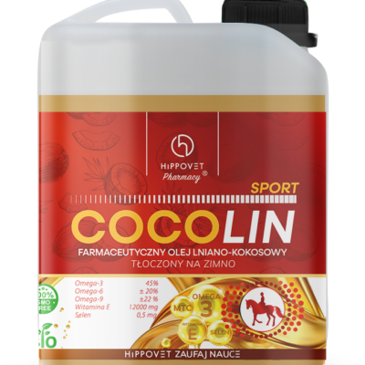 Hippovet Pharmacy Cocolin SPORT 2,5 l / 5 l – Olej lniano-kokosowy dla koni, energia i ochrona mięśni, selen i witamina E