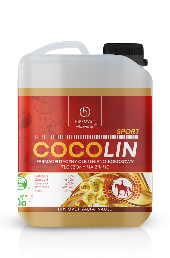 Hippovet Pharmacy Cocolin SPORT 2,5 l / 5 l – Olej lniano-kokosowy dla koni, energia i ochrona mięśni, selen i witamina E