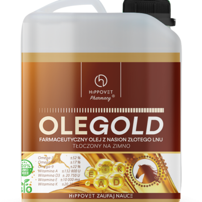 Hippovet Pharmacy OLEGOLD 2,5 l / 5 l – Olej lniany tłoczony na zimno z witaminami ADEK dla koni, na odporność, sierść i kopyta