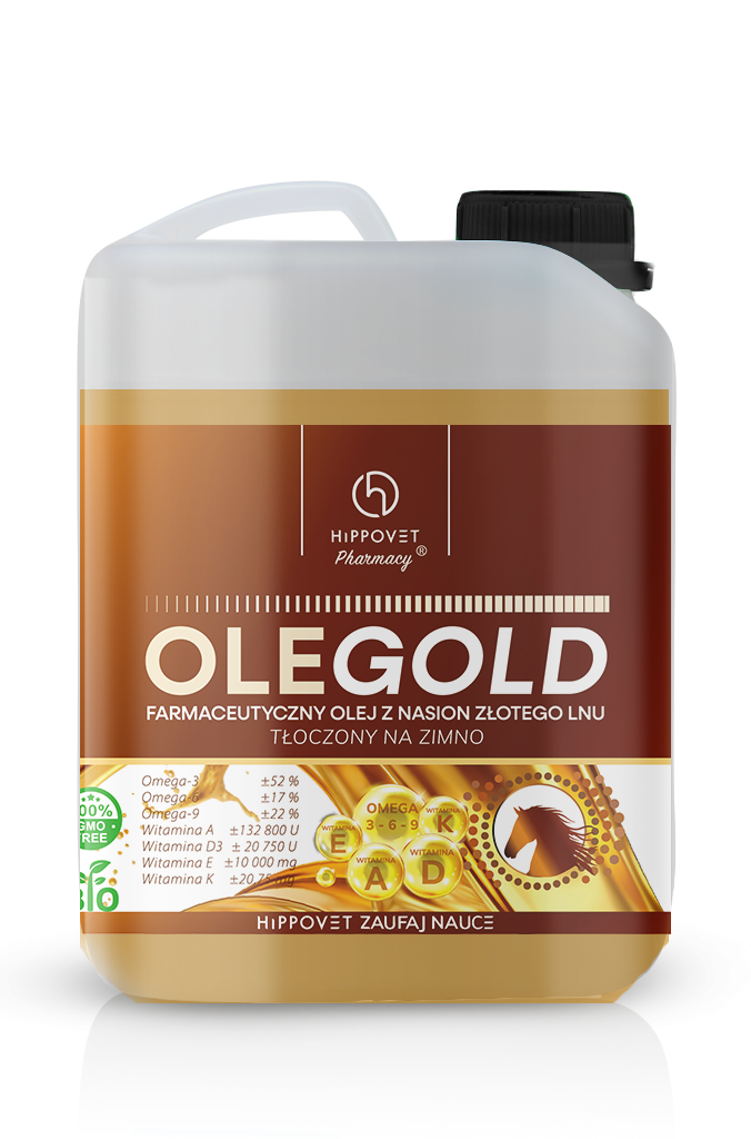 Hippovet Pharmacy OLEGOLD 2,5 l / 5 l – Olej lniany tłoczony na zimno z witaminami ADEK dla koni, na odporność, sierść i kopyta